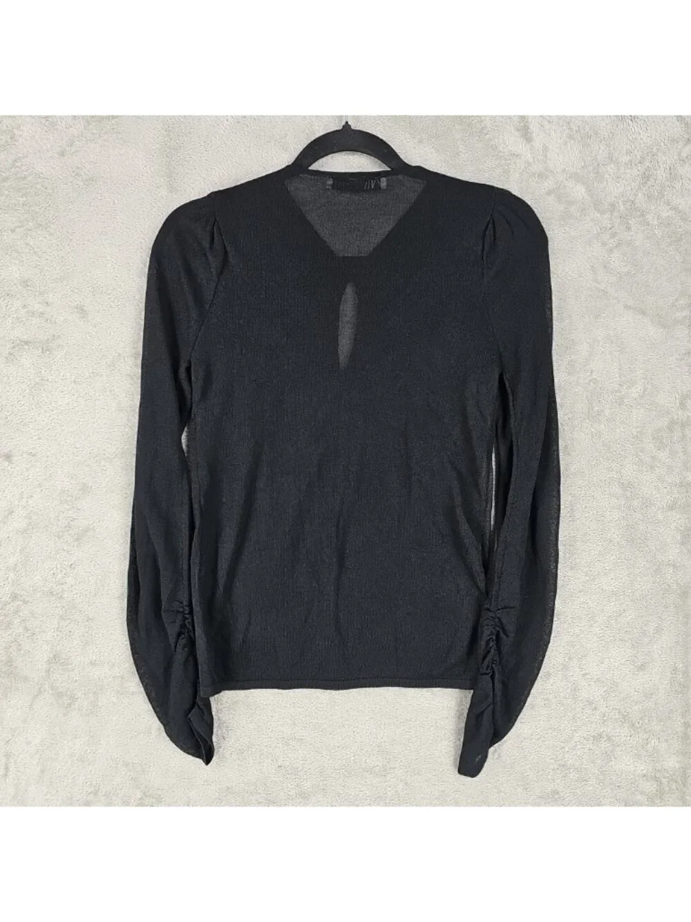 Zara Blouse Womens M Black Mesh V Neck Long Puff Sleeve Keyhole Sheer Stretch